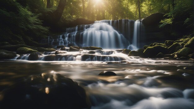 Foto eine erstaunliche aufnahme eines kleinen wasserfalls, der von wunderschöner natur umgeben ist