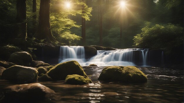 Foto eine erstaunliche aufnahme eines kleinen wasserfalls, der von wunderschöner natur umgeben ist