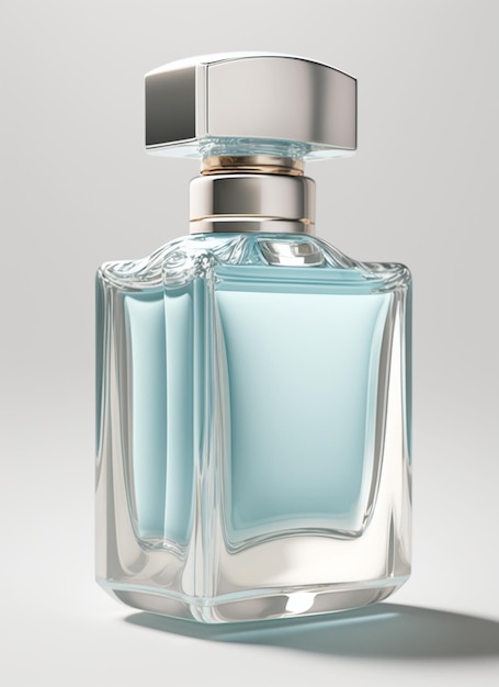 Eine erstklassige Flasche Parfüm aus Glas mit hellblauer Flüssigkeit. Aromatische Parfümflasche. Schönheitsprodukt
