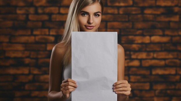 Foto eine erwachsene frau zeigt ein weißes blatt papier auf einem verschwommenen backsteinwandhintergrund