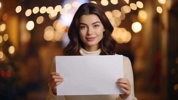 Eine erwachsene Frau zeigt ein weißes Blatt Papier auf einem verschwommenen Hintergrund