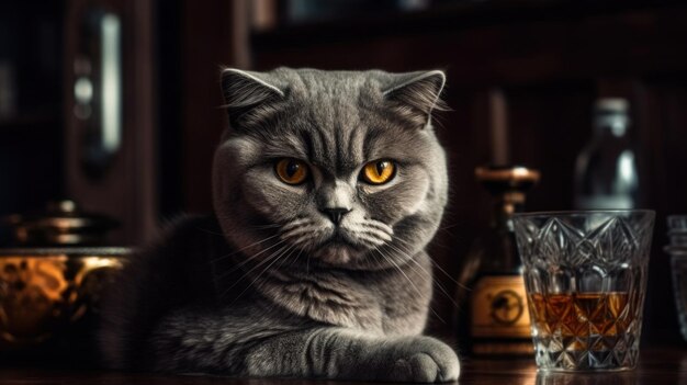 Eine erwachsene Katze auf der Bar schaut in den Rahmen, eine Nahaufnahme eines Tieres in einer alten Bar neben einem Glas Whiskey, ein Abend mit einem Glas Whiskey und Freunden, die von der KI erzeugt wurden