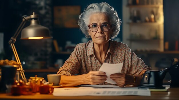 Eine erwachsene Seniorin hält Rechnungen in der Hand und zeigt ihre Ausgaben an, während sie in der Küche sitzt. Erstellt mit generativer KI-Technologie