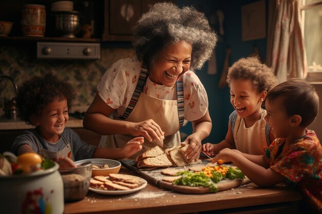 Eine ethnische Großmutter verbreitet Freude, während sie Sandwiches für liebenswerte kleine Kinder macht