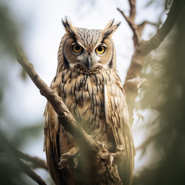 eine Eule sitzt in einem Baum mit gelben Augen.