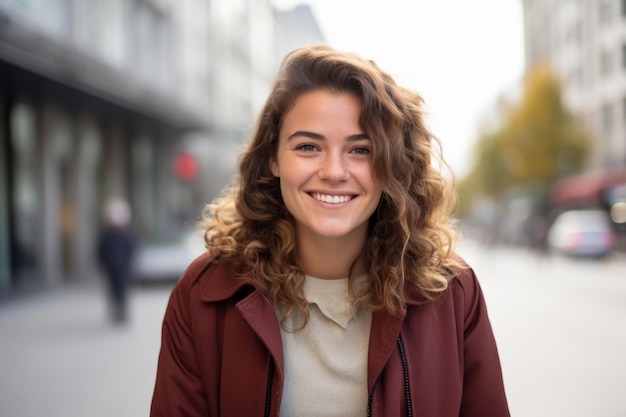 Eine europäische weiße junge Frau lächelt der Kamera in der Stadt zu