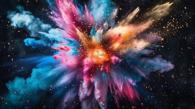 Eine Explosion farbenfroher Partikel auf einer dunklen Leinwand, die den Big Bang einer Wiedergeburt des Universums simuliert