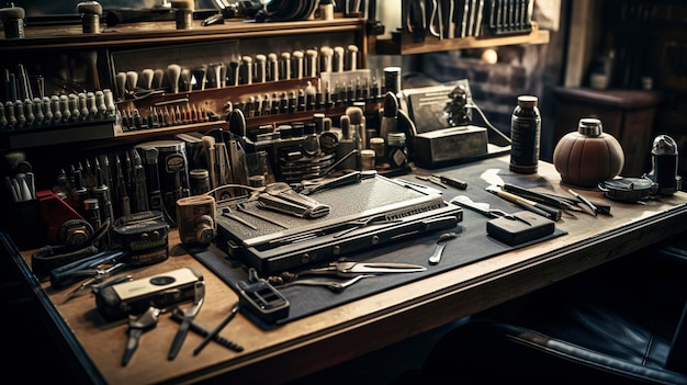 Eine extrem detaillierte Aufnahme eines Friseurarbeitsplatzes mit organisierten Werkzeugen