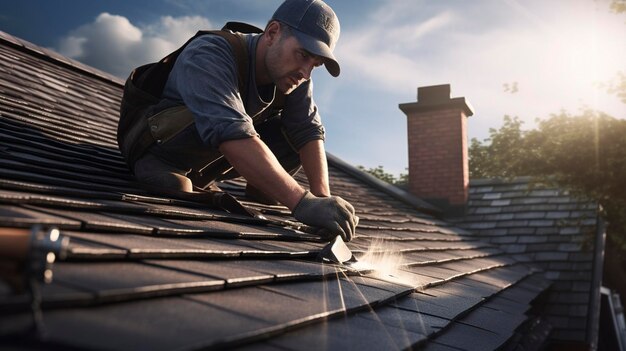 Eine extrem detaillierte Aufnahme eines Handwerkers, der auf einem Dach arbeitet