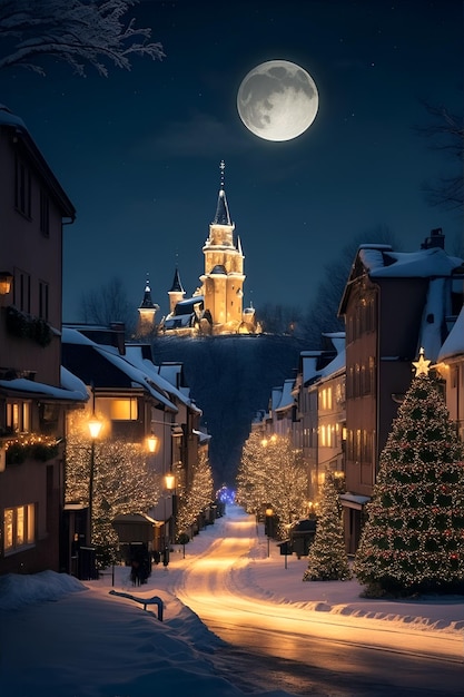 Eine fabelhafte Weihnachtsnacht in der Stadt mit einem Weihnachtenbaum beleuchtet einen Mond am Himmel KI-Generation