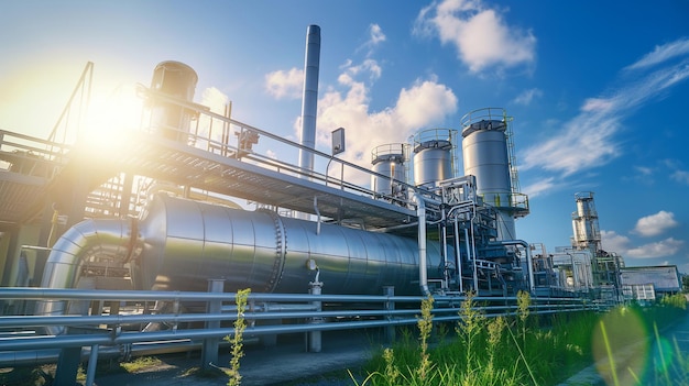 eine Fabrik mit einem Grasfeld und einem blauen Himmel, durch den die Sonne scheint