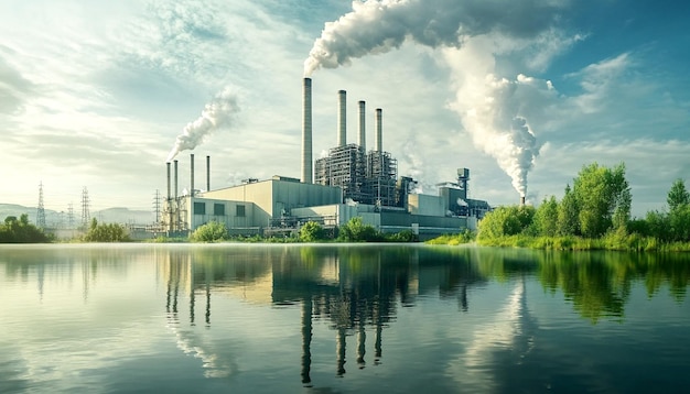 Eine Fabrik mit einem Kraftwerk und einer grünen Anlage im Hintergrund