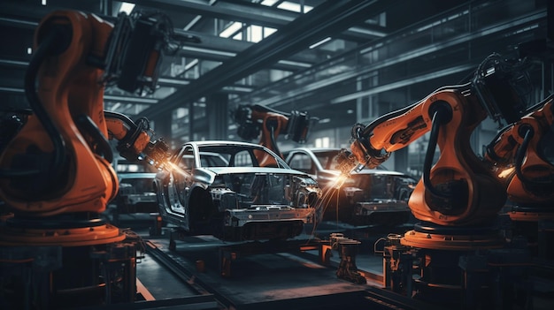Eine Fabrik mit Robotern, die an einem Auto arbeiten