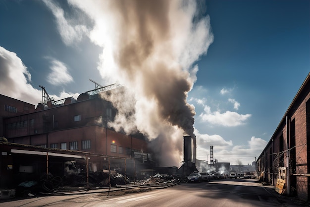 Eine Fabrik spuckt giftigen Rauch in die Luft auf den Straßen der Stadt, generative KI