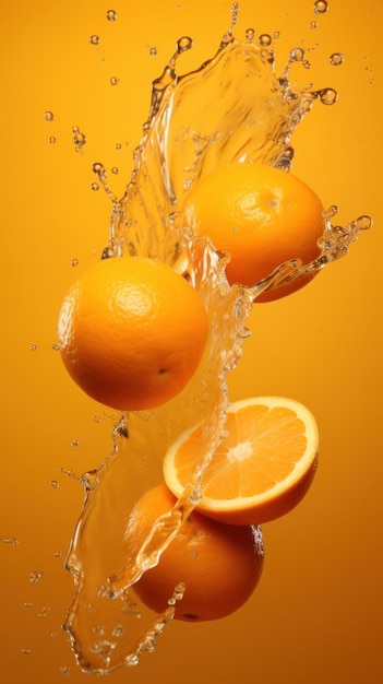 Eine fallende Orange spritzt mit Orangensaft auf orangefarbenem Hintergrund