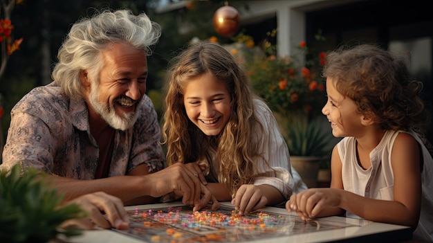 Eine Familie älterer Großvater und Kinder spielen lächelnde Tischspiele Hochwertiges Foto