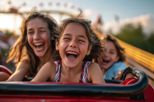 Eine Familie auf einer Achterbahn, bestehend aus einer Mutter und zwei Kindern, enthusiastisch und ehrlich.