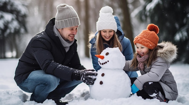 Eine Familie baut einen Schneemann