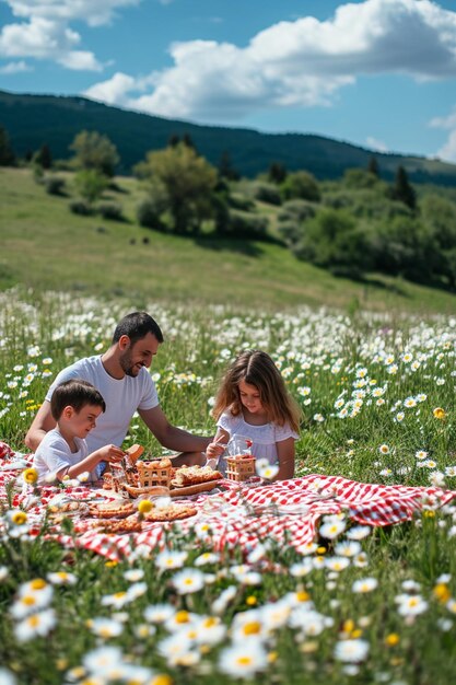 eine Familie, die ein Picknick in einer blühenden Wiese genießt