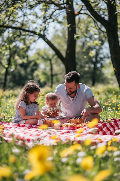 eine Familie, die ein Picknick in einer blühenden Wiese genießt