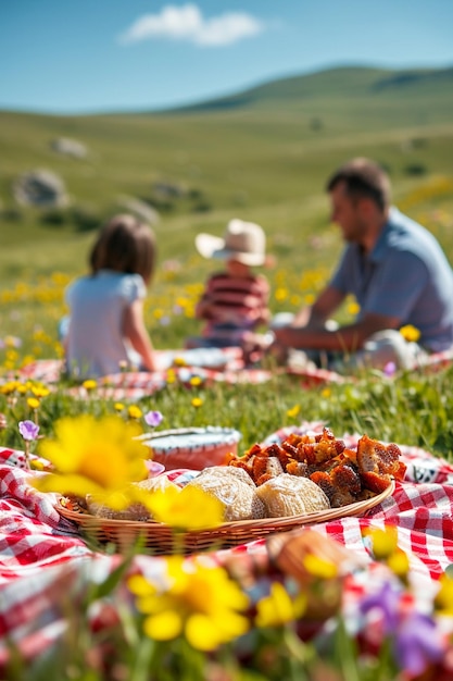 eine Familie, die ein Picknick in einer blühenden Wiese genießt