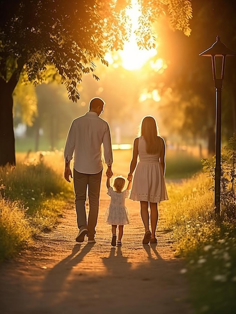 eine Familie, die einen Pfad in der Sonne entlang geht