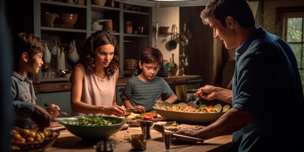 Eine Familie, die gemeinsam eine Mahlzeit zubereitet