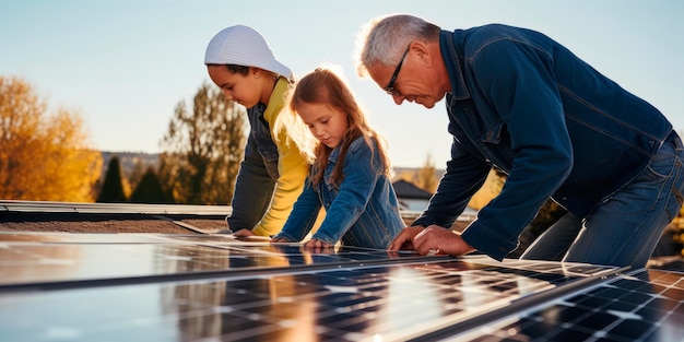 Eine Familie, die gemeinsam Sonnenkollektoren installiert. Erstellt mit generativer KI-Technologie