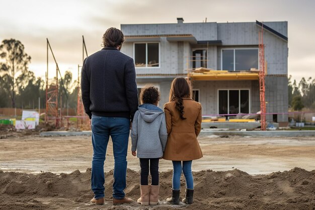 Eine Familie, die Hand in Hand steht und voller Vorfreude ihr neues Zuhause bewundert