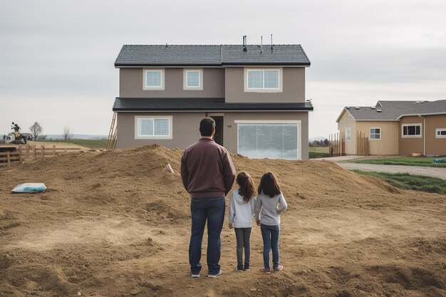 Foto eine familie, die hand in hand steht und voller vorfreude ihr neues zuhause bewundert