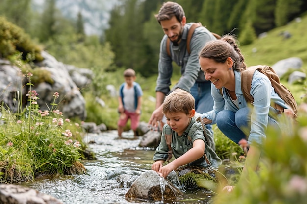 Eine Familie, die sich mit Outdoor-Aktivitäten beschäftigt, mit Schwerpunkt auf Präsenz Momente in der Natur im Fluss