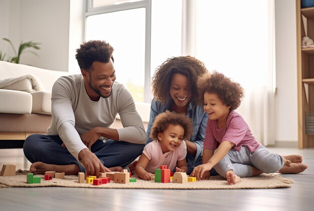 Eine Familie, die sich verbindet und Spaß beim Spielen mit farbenfrohen Blöcken auf dem Boden hat