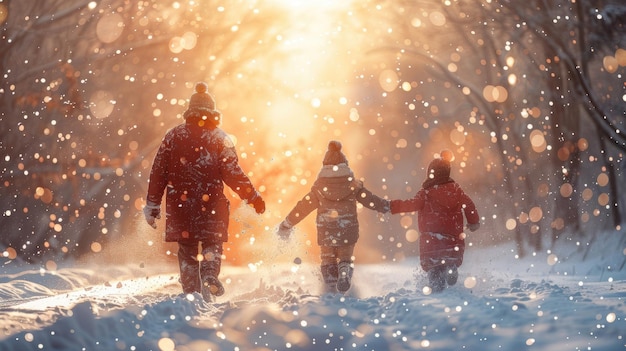 Eine Familie, die während des ersten Schneefalls einen riesigen Schneeballkampf führt