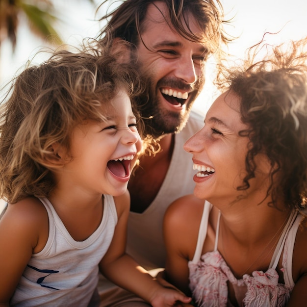 Eine Familie, die zusammen am Strand lacht