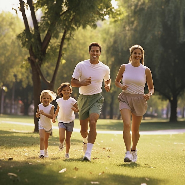 eine Familie, die zusammen in einem Park rennt