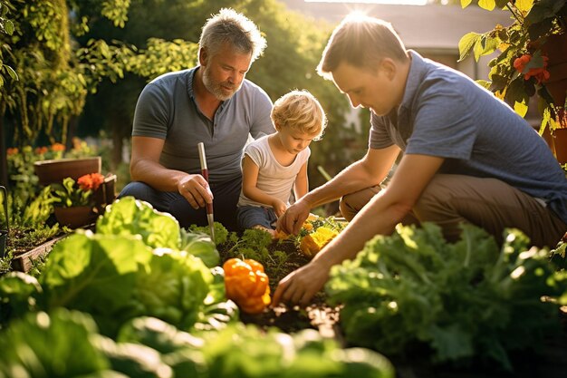 Foto eine familie erntet frisches salatgrün im garten