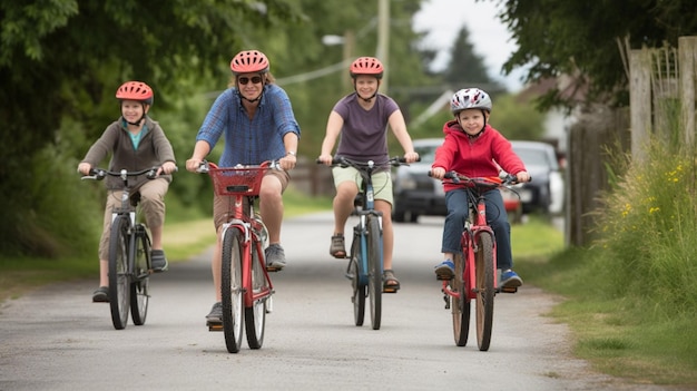 Eine Familie fährt mit dem Fahrrad auf einem Weg mit Bäumen im Hintergrund.