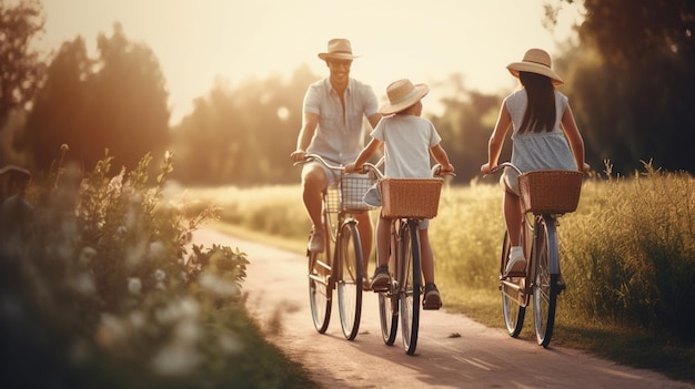 Eine Familie fährt mit dem Fahrrad auf einer Landstraße