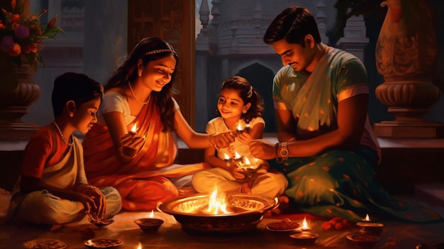 Eine Familie feiert Diwali mit Kerzen