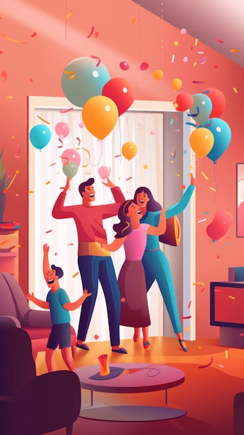 Eine Familie feiert einen Geburtstag mit Luftballons und Konfetti. Generatives KI-Bild