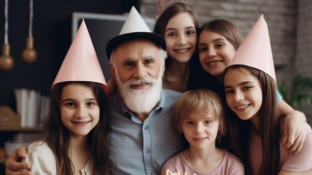 Eine Familie feiert ihren Geburtstag mit einer Torte und einem Geburtstagshut