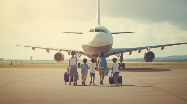 Eine Familie geht auf ein Flugzeug zu, auf dem das Wort Flughafen steht.