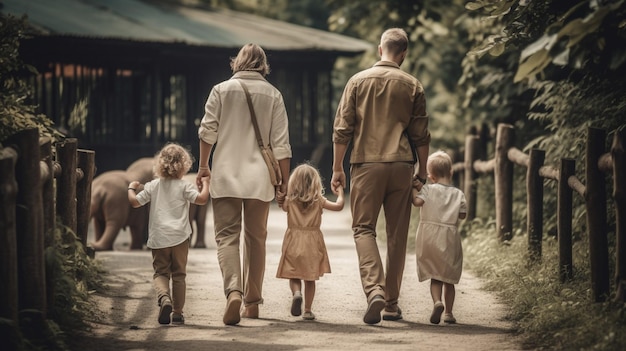 Eine Familie geht mit erhobenen Händen einen Weg entlang