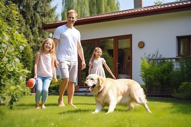 eine Familie geht mit ihrem Hund im Garten mit einem Hund spazieren