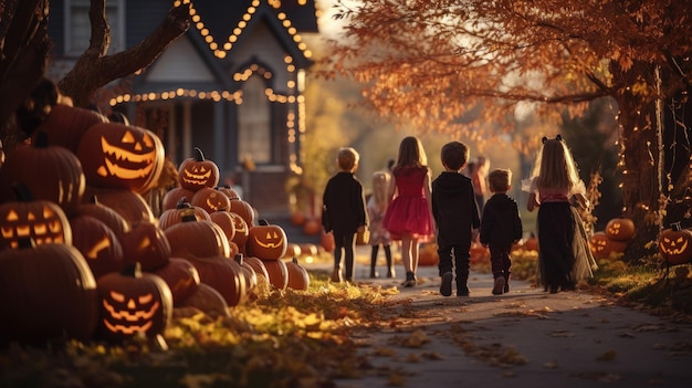 Eine Familie geht mit Kürbissen und einem Haus im Hintergrund eine Straße entlang.