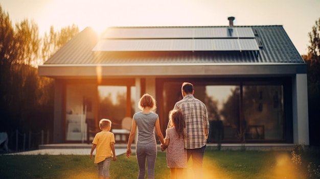 Foto eine familie geht vor ihr haus