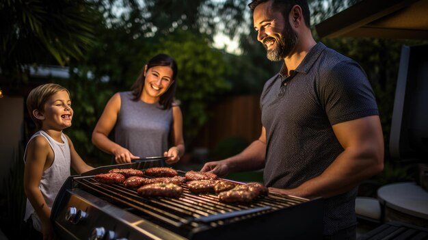 Eine Familie grillt gemeinsam Essen im Hinterhof eines Hauses