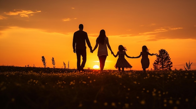 Eine Familie hält sich an den Händen, während die Sonne untergeht