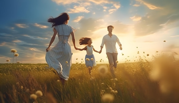 Eine Familie hält sich auf einem Feld vor einem blauen Himmel an den Händen