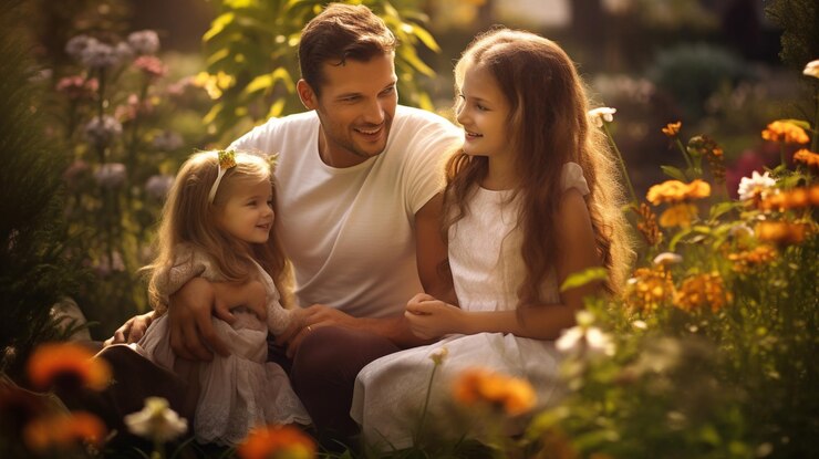 Foto eine familie im garten mit einem mädchen und der sonne hinter ihnen